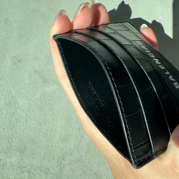 Balenciaga Logo Croc Embossed Leather Card Case Black